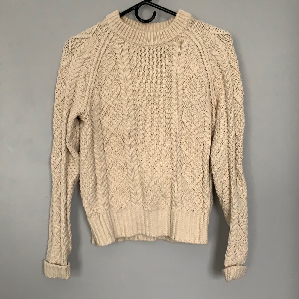 LL Bean Knit Fisherman's Sweater in Cream/White, size S